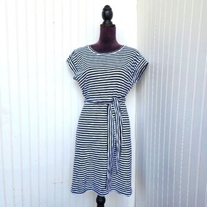J. CREW Short Sleeve Black White Striped Dress Tie Waist Cotton Stretch Sz M